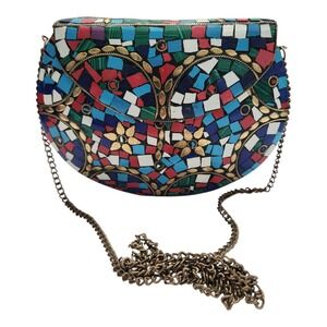 Mosaic Tile Clutch Bag Shoulder Purse Vintage Style Colorful Handmade Hard Shell